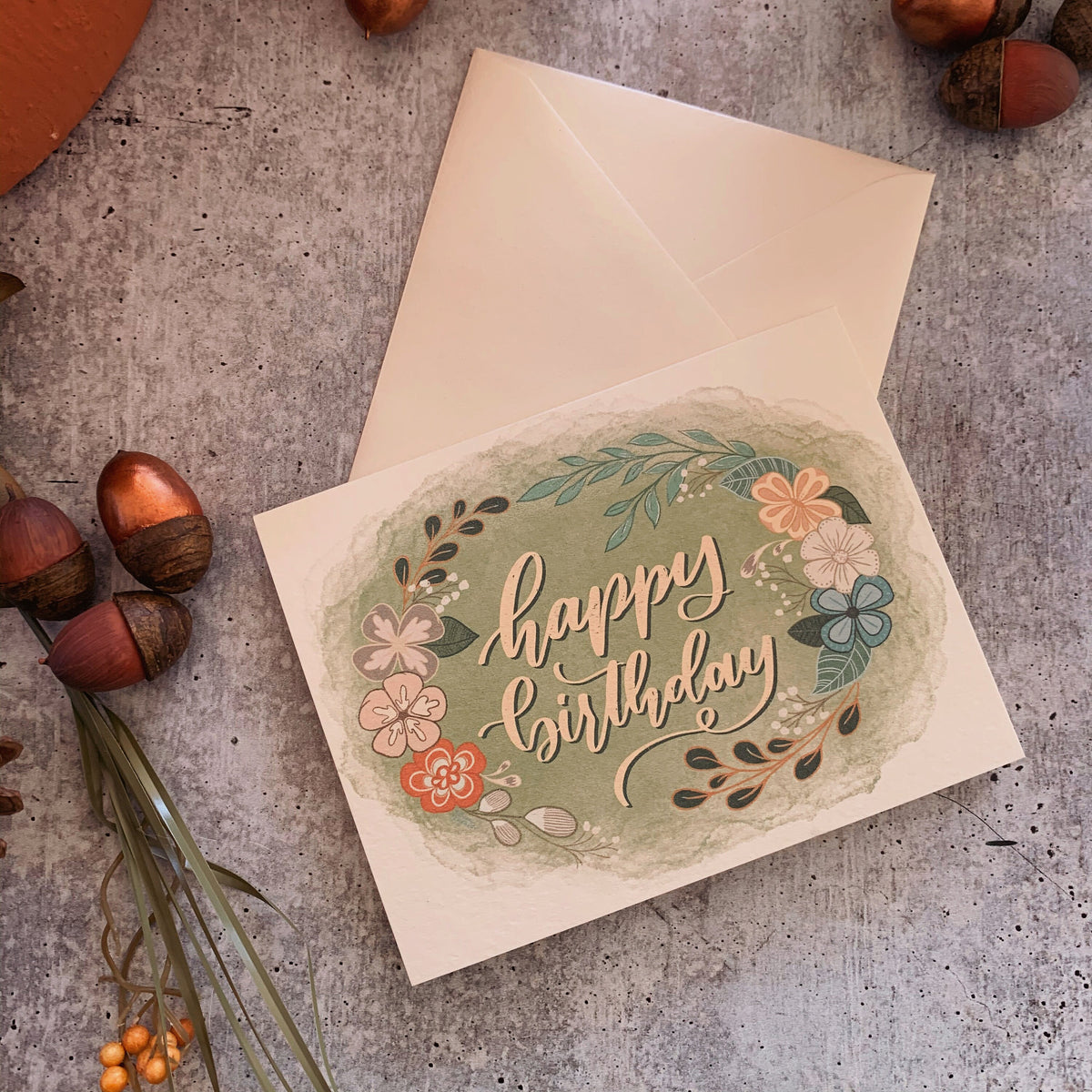 Happy Birthday Greeting Card, Script Lettering, Floral A2 Card with En ...